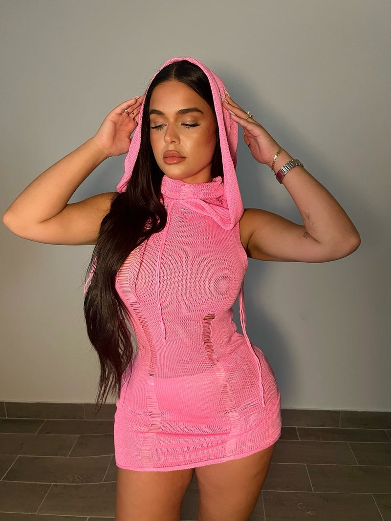 KNIT HOODED DRESS (PINK)