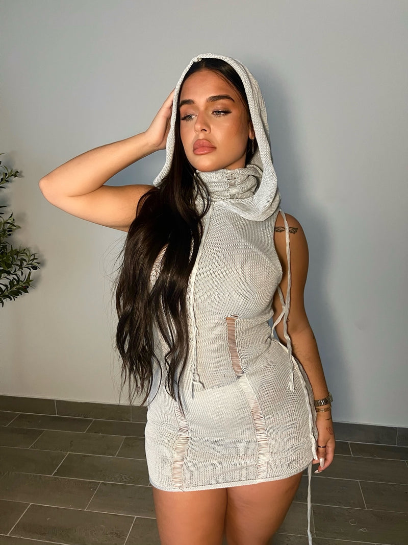 KNIT HOODED DRESS (GRAY)